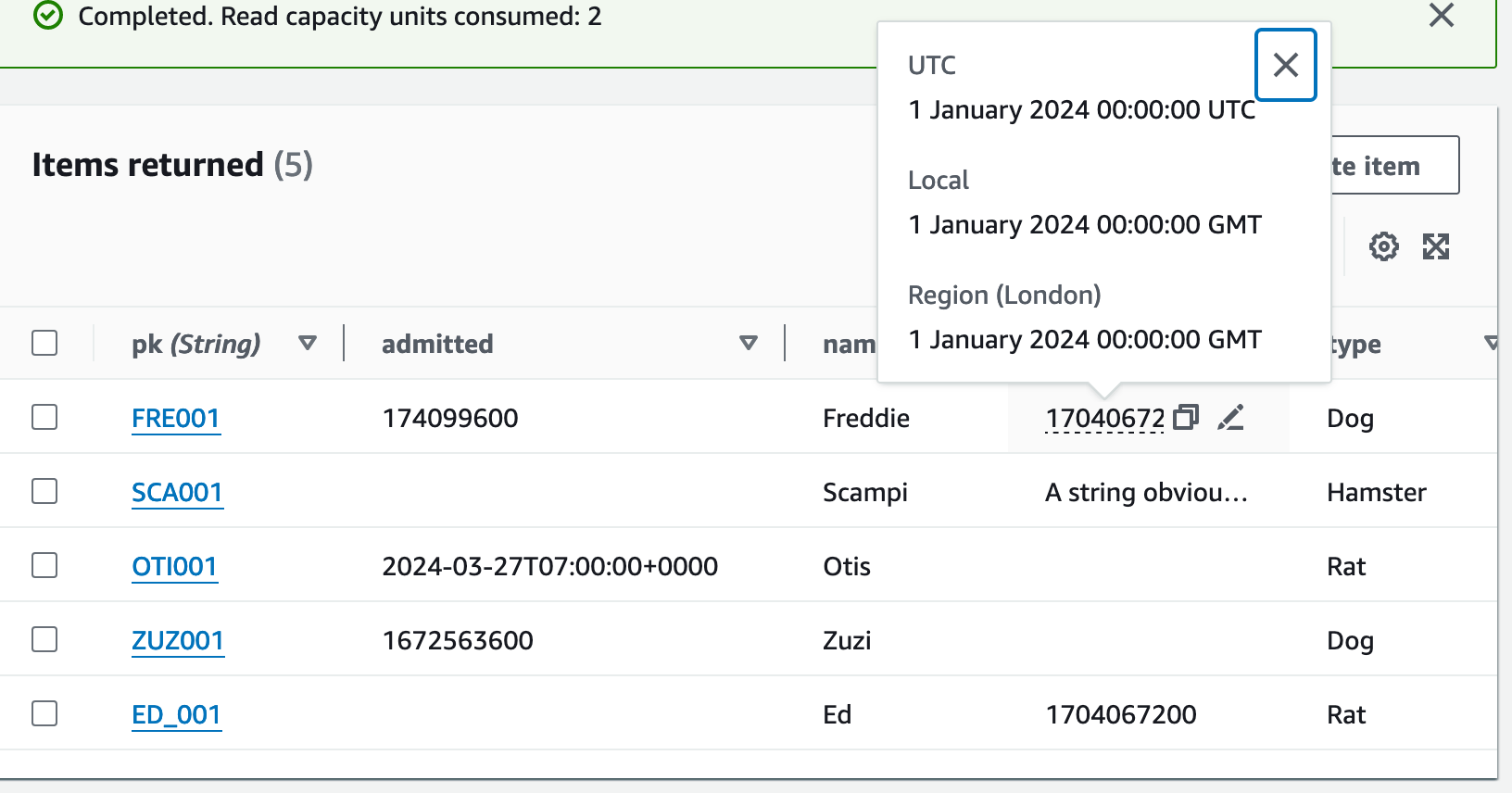 Table Scan rendered in AWS console, showing TTL usage